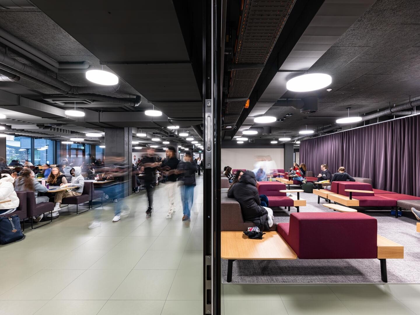 Eine moderne Lounge, die durch eine Glaswand geteilt ist: Auf der einen Seite gehen Menschen umher und lernen an Tischen, auf der anderen Seite entspannen sich Studenten auf lila Sofas. Der Raum ist mit Deckenleuchten, freiliegenden Rohren und grauen Böden ausgestattet.