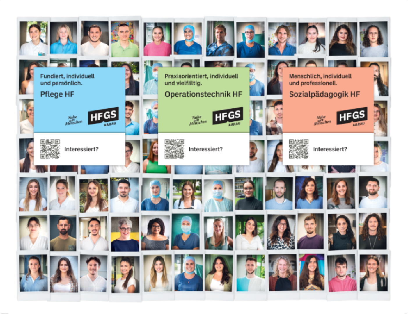 Eine Collage mit verschiedenen lächelnden Menschen, in der Mitte drei Plakate, die für die Programme der HFGS Aargau werben: Pflege HF (blau), Operationstechnik HF (grün) und Sozialpädagogik HF (orange), jeweils mit einem QR-Code und dem Text "Interessiert?".