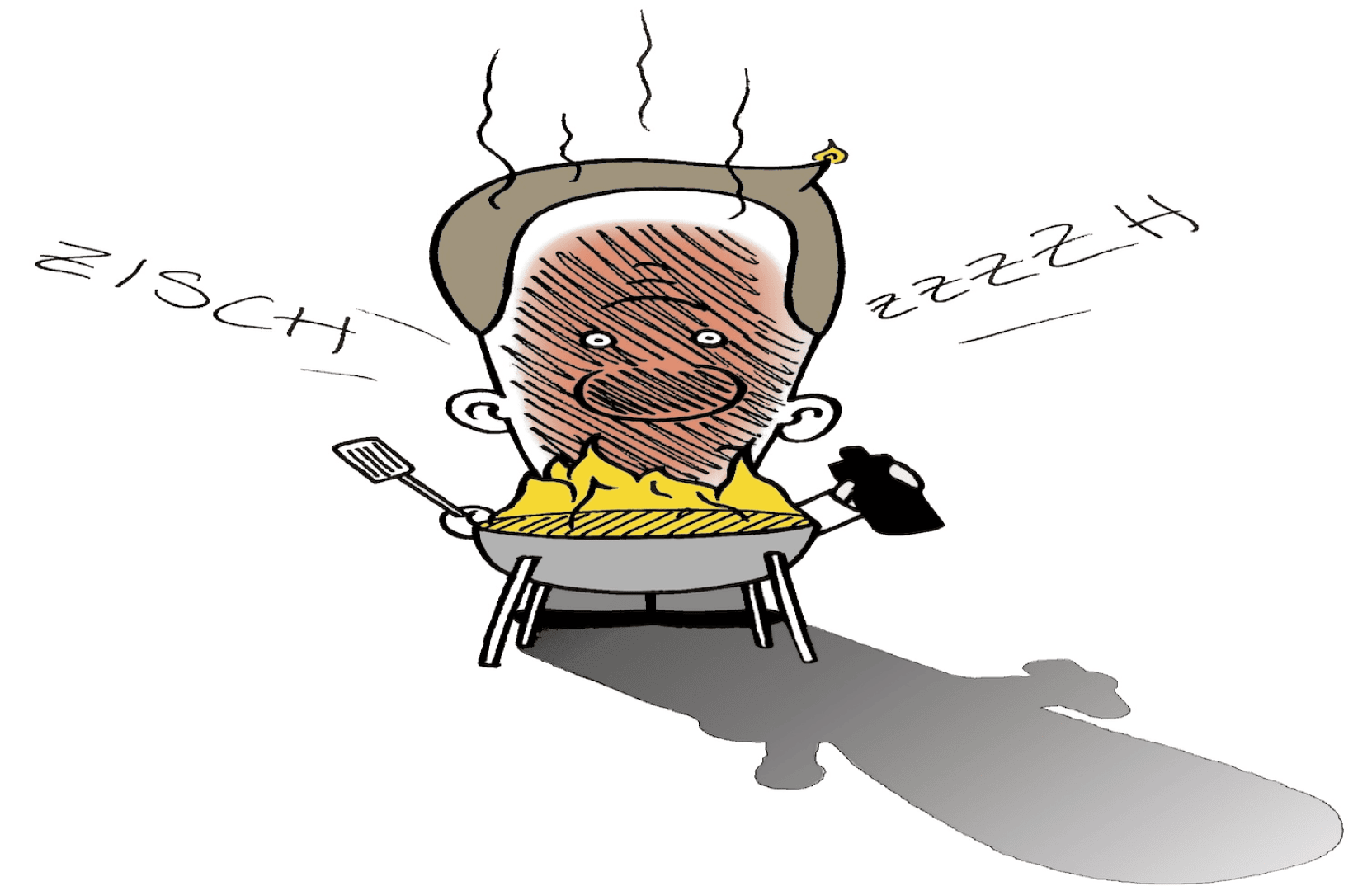 Karikatur einer Person, die Essen grillt, deren Gesicht vor Hitze gerötet ist und die einen Pfannenwender und ein Getränk in der Hand hält. Über ihrem Kopf steigt Dampf auf, und die Wörter „zisch“ und „zzzzh“ veranschaulichen das Brutzeln.