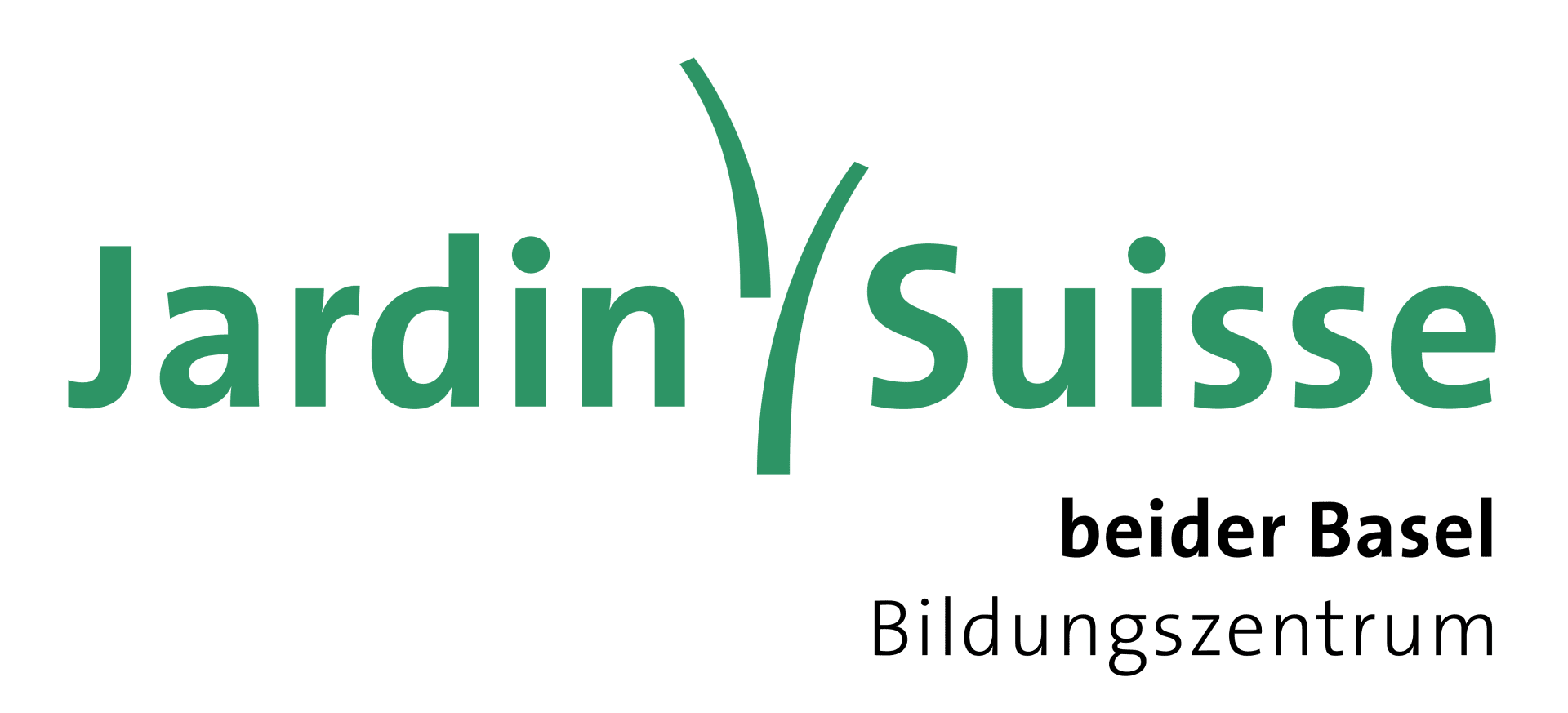 Logo mit grüner Schrift „Jardin Suisse“, getrennt durch eine stilisierte grüne Pflanze, darunter in schwarzer Schrift „beider Basel Bildungszentrum“. Schlichter weißer Hintergrund.