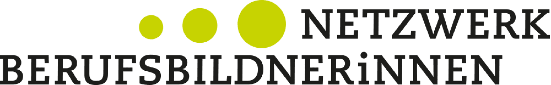 Logo mit drei grünen Kreisen, die von links nach rechts an Größe zunehmen, gefolgt von der Aufschrift NETZWERK BERUFSBILDNERiNNEN in fetten schwarzen Großbuchstaben.