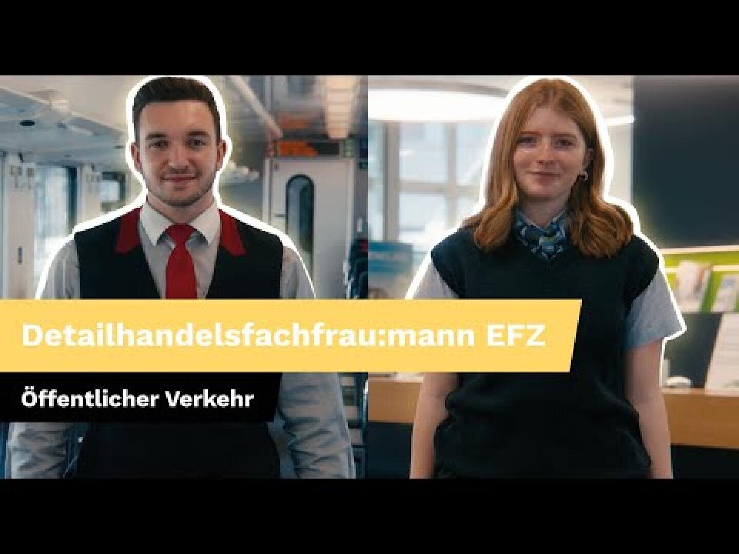 Ein Mann und eine Frau in Uniform stehen Seite an Seite und lächeln. Textüberlagerungen sagen Detailhandelsfachfrau:mann EFZ und Öffentlicher Verkehr. Der Hintergrund suggeriert eine Umgebung des öffentlichen Verkehrs.