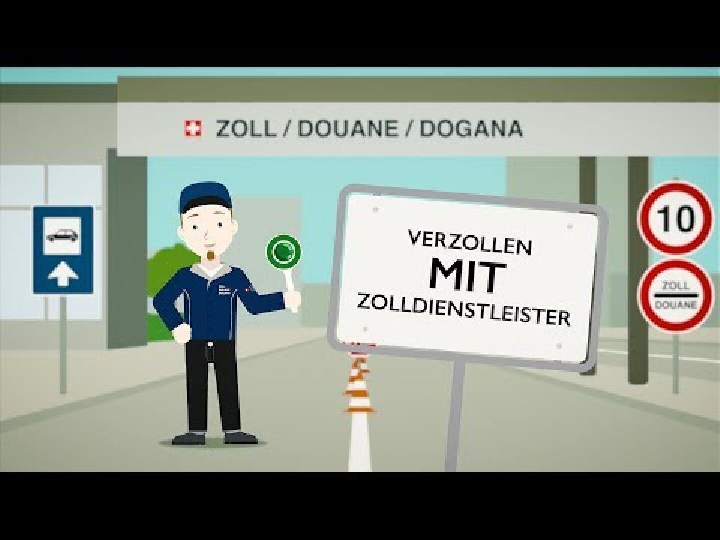 Ein karikierter Zollbeamter steht an einem Grenzübergang mit einem Schild mit der Aufschrift "Verzollen mit Zolldienstleister" in deutscher Sprache. Straßenschilder und ein Gebäude mit der Aufschrift Zoll/Douane/Dogana sind zu sehen.