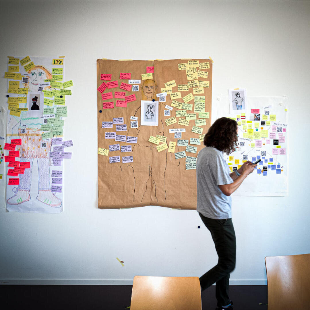 Eine Person schreibt auf einen Haftzettel vor einer Wand, die mit bunten Notizen, Zeichnungen und Diagrammen bedeckt ist. Auf drei Plakaten sind Skizzen von Menschen zu sehen, und sie sind mit handschriftlichen Notizen in verschiedenen Farben übersät.