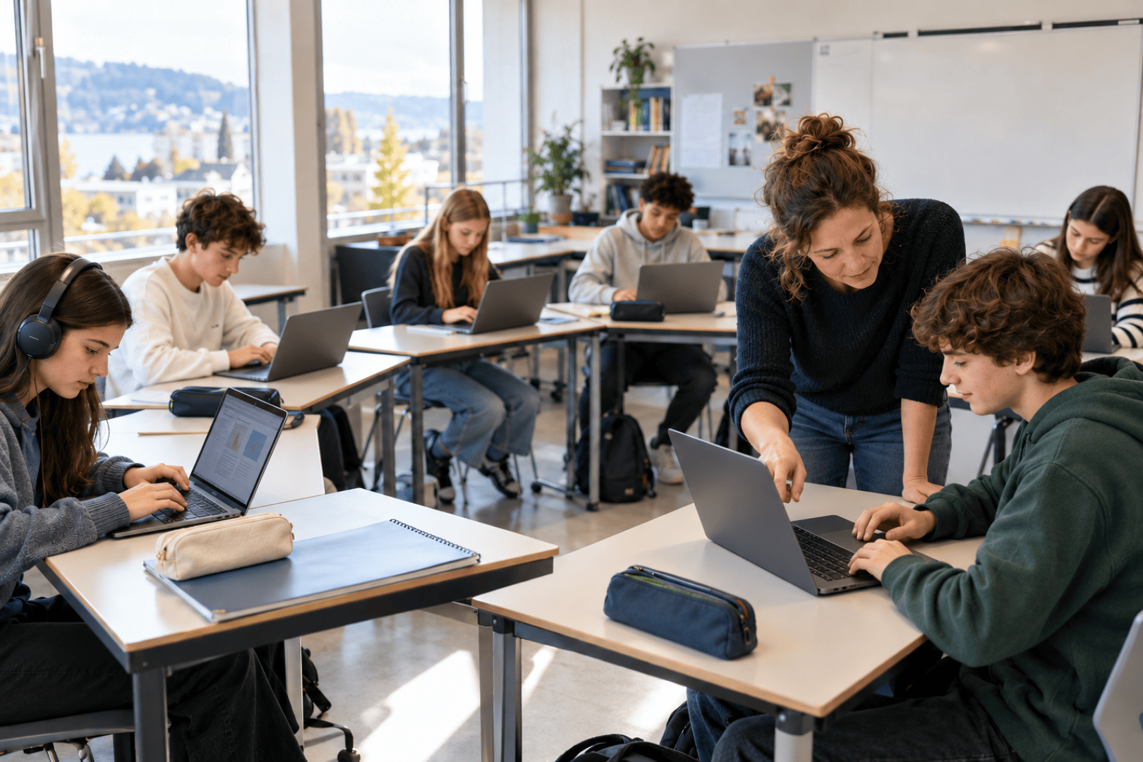 Ein Lehrer beugt sich über die Schulter eines Schülers, um ihm bei der Arbeit mit seinem Laptop zu helfen – in einem hellen Klassenzimmer, in dem andere Schüler an ihren eigenen Computern arbeiten.