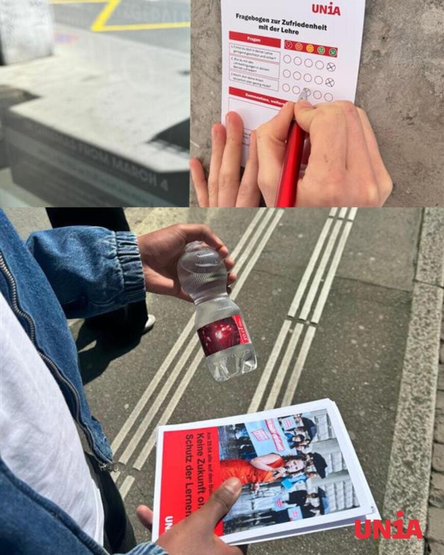 Eine Person füllt einen UNIA-Fragebogen aus, hält eine Wasserflasche und einen Flyer in der Hand und steht auf einem Bürgersteig. Auf dem Flyer sind ein Gruppenfoto und ein fettgedruckter roter Text zu sehen.