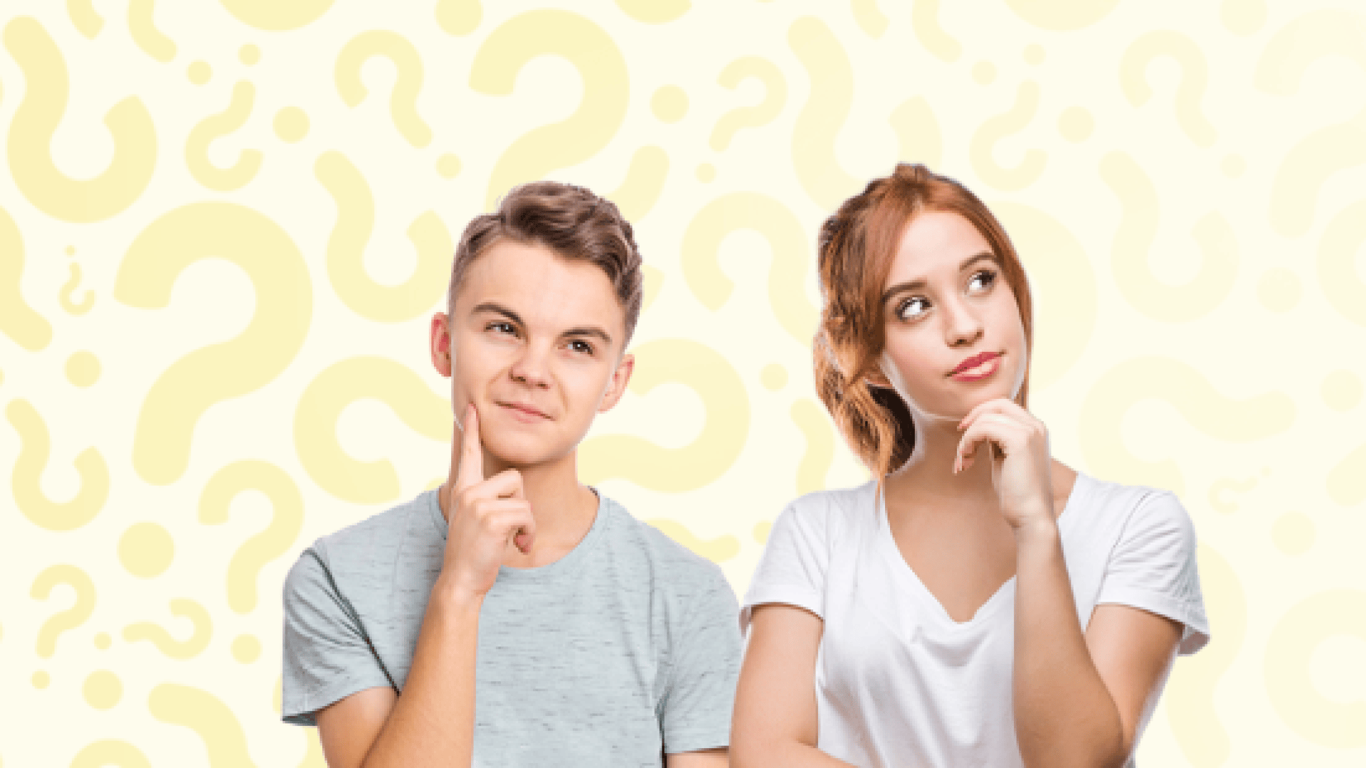 Zwei junge Menschen, ein Junge und ein Mädchen, stehen mit den Händen am Kinn vor einem gelben Hintergrund mit Fragezeichen und wirken nachdenklich, was Neugier oder Grübeln suggeriert.