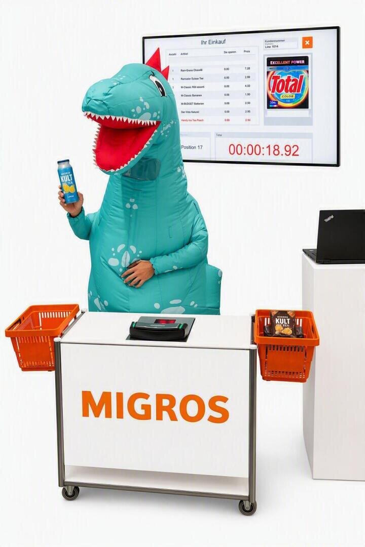 Eine Person in einem blaugrünen Dinosaurierkostüm steht an einer Migros-Kasse und hält ein Getränk in der Hand; hinter ihr stehen zwei orangefarbene Körbe und ein digitaler Bildschirm, auf dem die Einkaufsdetails angezeigt werden.