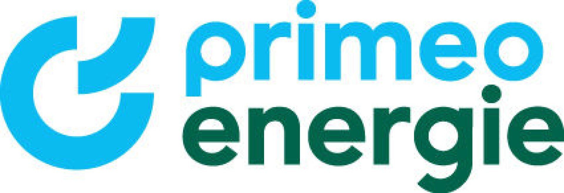 Das Primeo Energie-Logo mit einem blauen kreisförmigen Motiv auf der linken Seite und dem Schriftzug „primeo energie“ in Blau und Grün auf der rechten Seite.