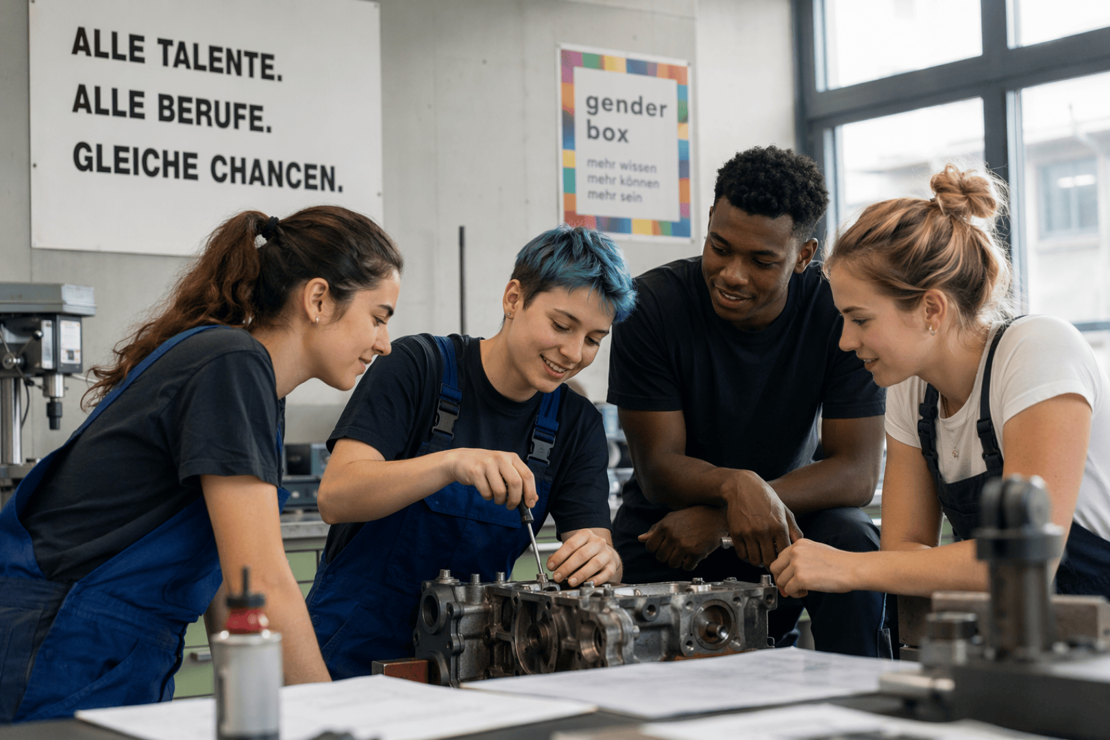 Vier junge Erwachsene arbeiten gemeinsam an einem mechanischen Projekt in einer Werkstatt, tragen blaue Overalls und lächeln. An den Wänden hinter ihnen sind Plakate über Chancengleichheit zu sehen.