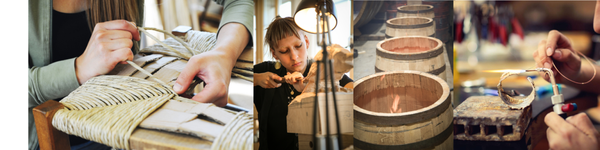 Eine Collage zeigt Hände, die einen Stuhlsitz weben, eine Person, die konzentriert Holz schnitzt, Holzfässer in einer Werkstatt und jemanden, der mit einem Werkzeug Schmuck lötet.