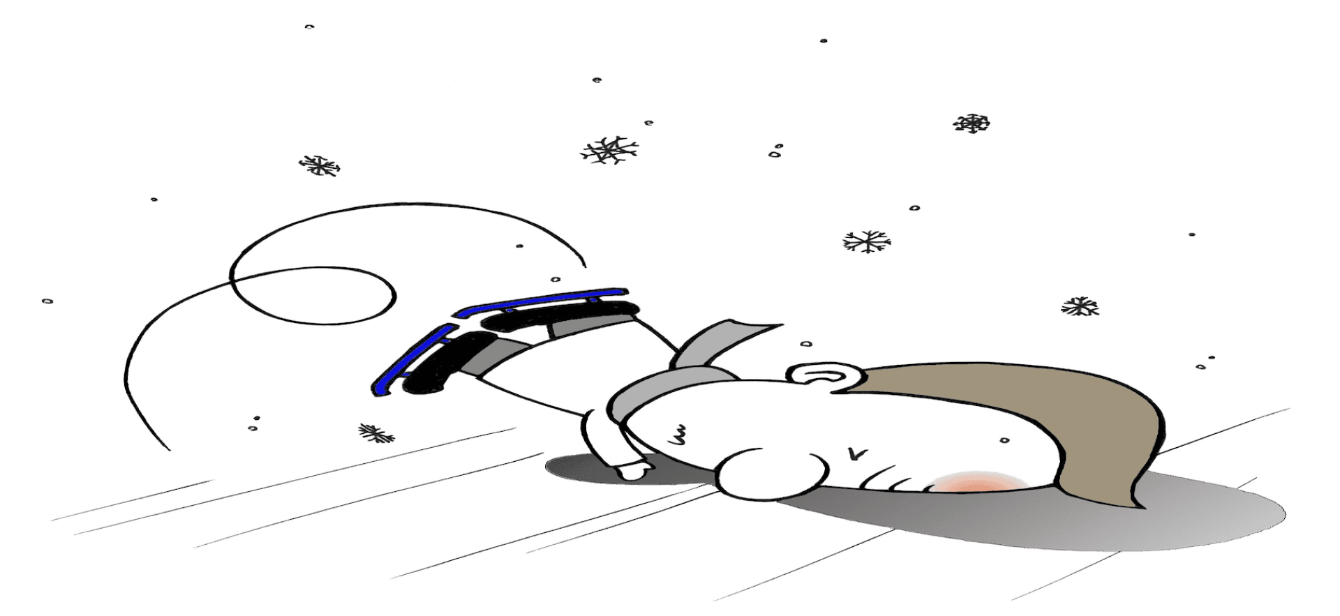 Eine Comicfigur mit braunen Haaren und Schlittschuhen ist auf einer Eislaufbahn mit dem Gesicht voran hingefallen. Um sie herum fallen Schneeflocken, und ihre Wange ist vom Sturz gerötet.