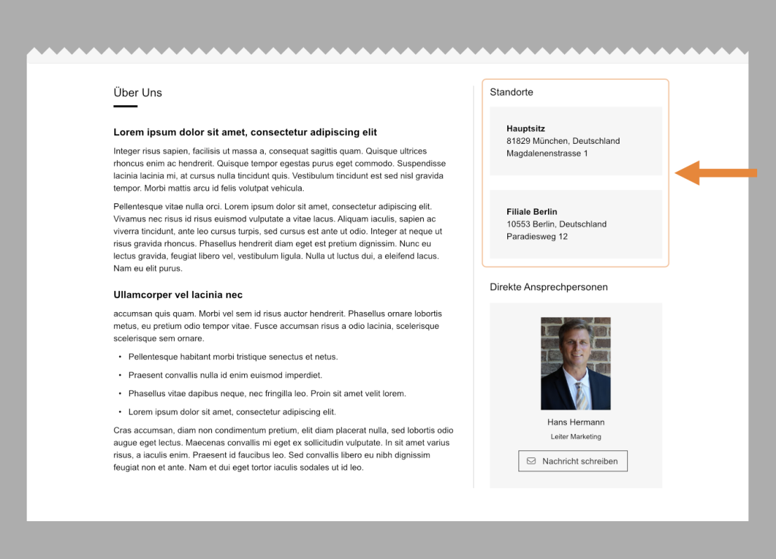 Deutsche „Über uns“-Seite mit Textabschnitten, Kontaktdaten für München und Berlin sowie einem Direktkontakt mit Profilbild und Nachrichten-Button. Ein orangefarbener Pfeil zeigt auf die Münchner Adresse.