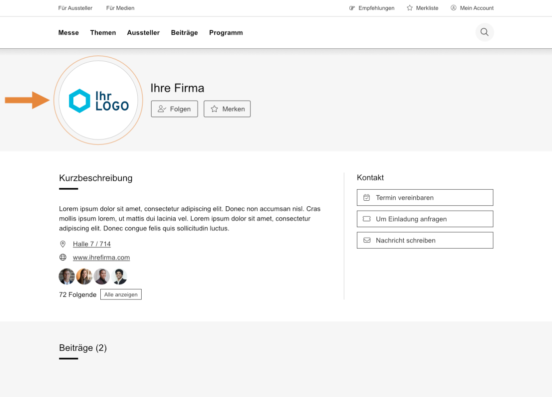 Firmenprofilseite auf einer Website. Links ist das Logo, der Firmenname „Ihre Firma“, Social-Media-Buttons, eine Kurzbeschreibung, Kontaktmöglichkeiten und Follower-Statistiken zu sehen. Ein orangefarbener Pfeil zeigt auf das Logo.