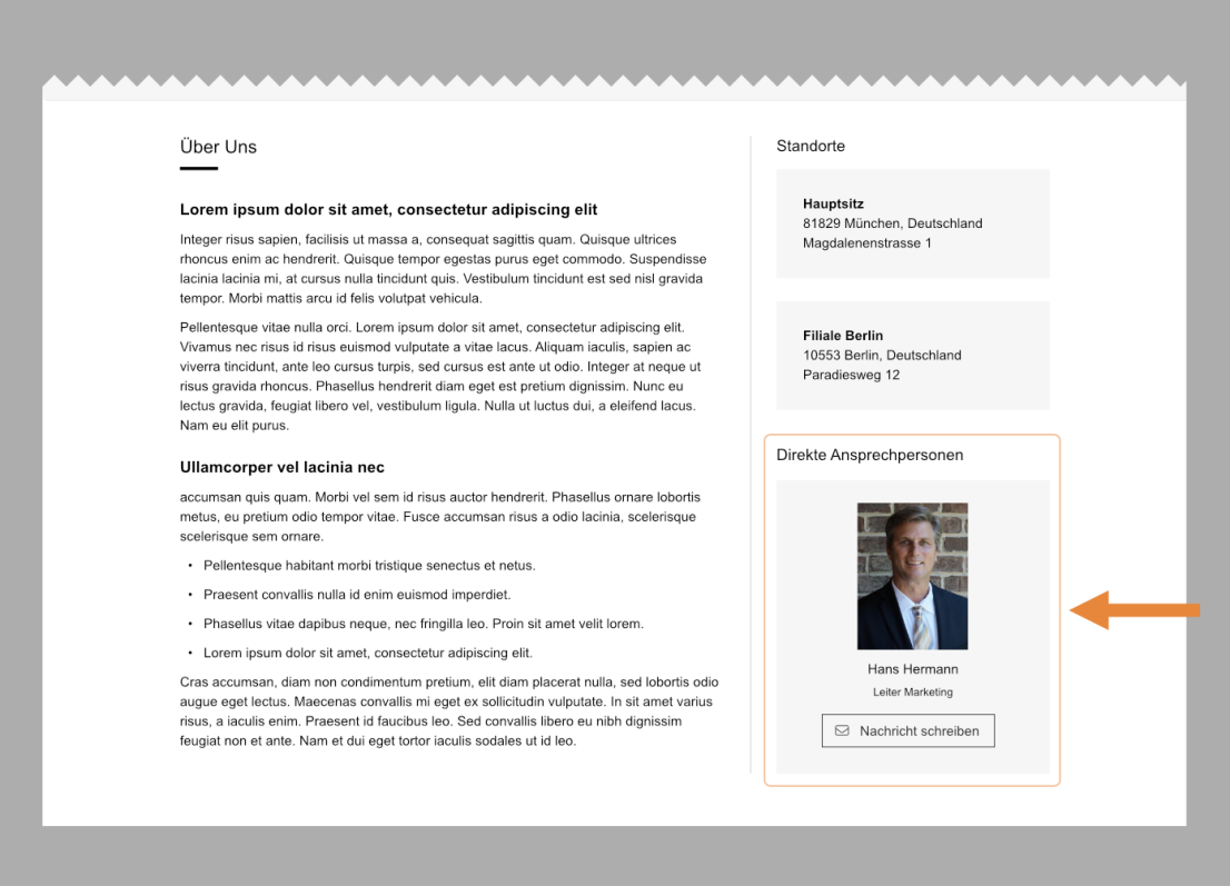 Die Kontaktseite einer Unternehmenswebsite auf Deutsch mit Firmenadressen auf der rechten Seite und einem Abschnitt darunter mit der Überschrift „Direkte Ansprechpartner“, der ein Porträtfoto von Hans Hermann, Leiter Marketing, und eine Schaltfläche mit der Aufschrift „Nachricht schreiben“ zeigt.