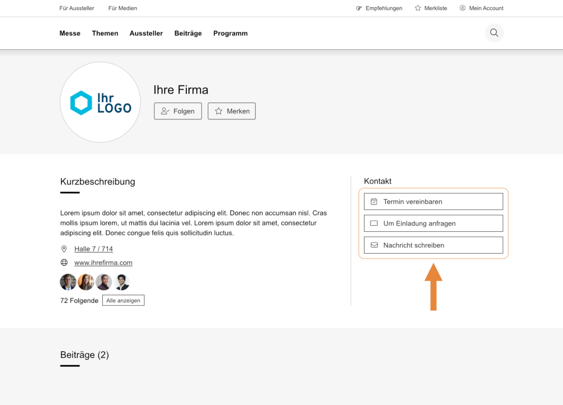 Eine deutsche Unternehmensprofilseite mit einem Logo, einer Kurzbeschreibung, Kontaktdaten, Links zu sozialen Medien und einem orangefarbenen Pfeil, der auf eine Schaltfläche mit der Aufschrift „Nachricht schreiben“ zeigt.