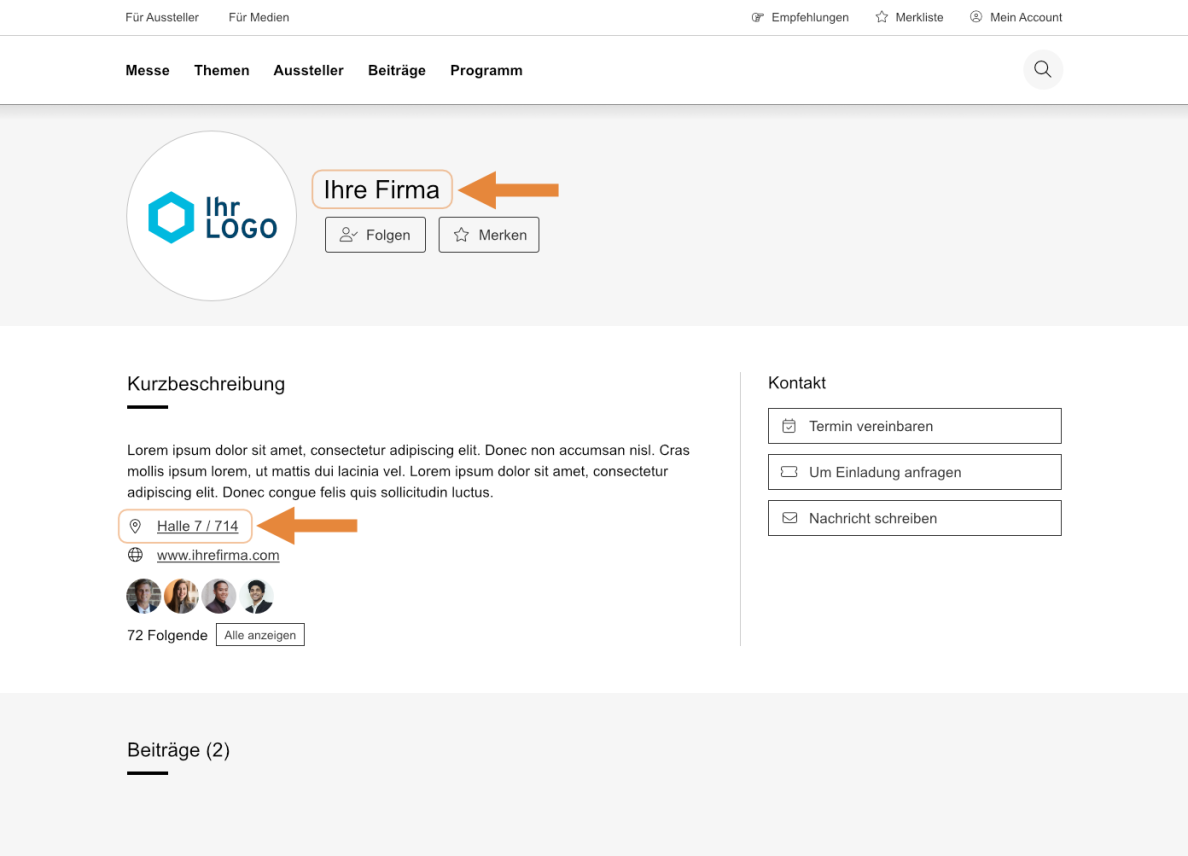 Beispiel einer Unternehmensprofilseite auf einer Website, die oben den Firmennamen „Ihre Firma“ und den Benutzernamen „Halter 7 1/14“ mit einem Website-Link unter dem Firmenlogo hervorhebt.