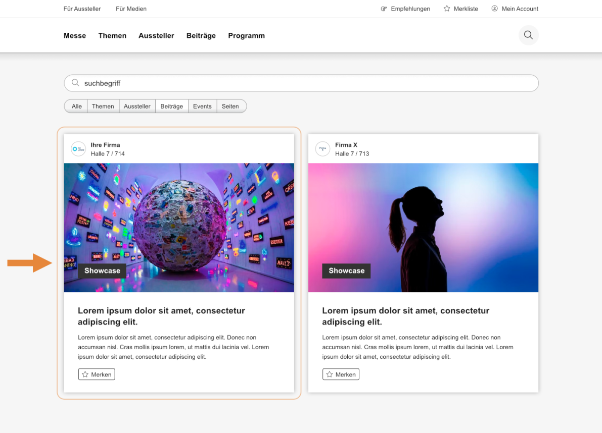 Ein hervorgehobenes Suchergebnis für ein Exponat zeigt einen bunten Globus mit digitalen Bildschirmen, neben einem anderen Ergebnis mit der Silhouette einer Person vor einem leuchtenden Hintergrund. Ein orangefarbener Pfeil zeigt auf die hervorgehobene Karte.